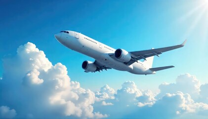 A majestic international airplane in flight, soaring through a vibrant blue sky with fluffy white clouds Perfect for travel, aviation, and global connectivity themes , map, wing, globe