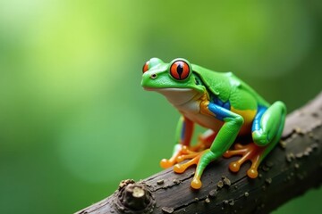 Naklejka premium Green tree frog perched on white, vibrant color , isolated, tree frog, vivid