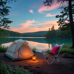 Cozy lakeside camping at sunset with tent, chair, and lantern glow.