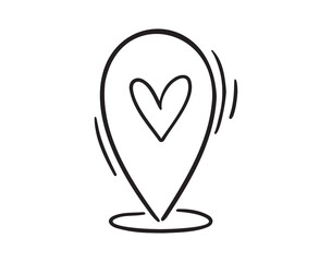 Geoposition or location pin heart. place on the map love icon doodle hand drawn. Outline line drawing clipart symbol