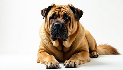 Imposing mastiff, regal expression, pure white backdrop, pet, dog face