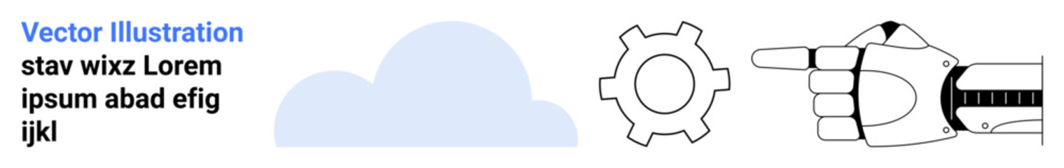 Robotic hand pointing at a gear near a cloud, symbolizing technology, automation, and cloud computing. Ideal for innovation, AI, robotics, mechanics, future tech digital transformation simple
