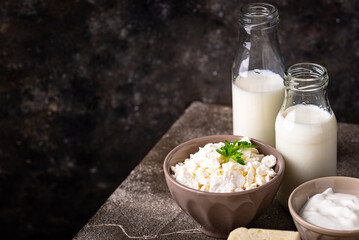 Dairy products. Milk, cottage cheese, cream, butter and yogurt