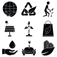 glyph icon set celebrating Environment Day, featuring eco-friendly elements like trees, leaves, and sustainable icons. Perfect for awareness campaigns, green initiatives, and environmental designs