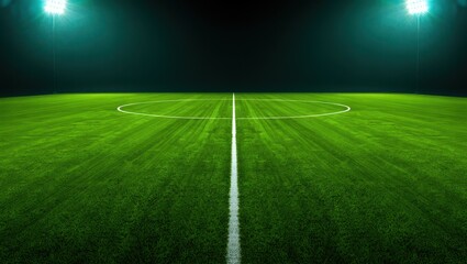 Obraz premium Illuminated Soccer Field at Night with Center Circle and Line Under Bright Stadium Lights for Sporting Event