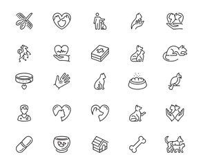 Line art icons depicting petrelated itemsactions arranged in a grid format