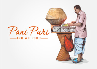 Hand-Drawn Vector Illustration of Indian traditional Street Food Golgappa, Pani Puri, or Fuchka. Seller Making Pani Puri on Isolated white