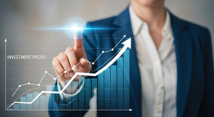 Businesswoman pointing at an upward graph on a business report, indicating positive growth and success, Generative AI.