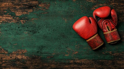 Red leather boxing gloves resting on distressed painted wood