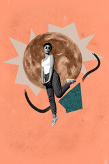 Vertical 3d poster art collage of happy girl guy stand space galaxy moon planet cosmos discovery...