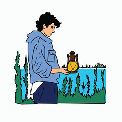 young people walking carrying Kerosene oil lamps. Cartoon Style Illustration