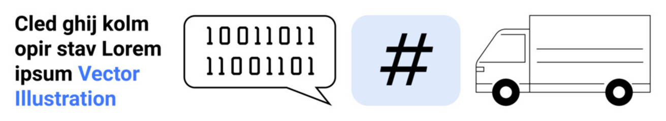 Binary speech bubble, metadata tag symbol, and simple delivery truck outline as visual elements. Ideal for technology, communication, automation, logistics, coding, modern design simple landing page
