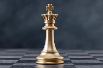 A golden chess king piece stands centered on a chessboard with a muted dark backdrop