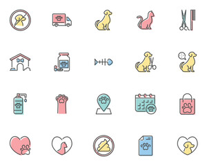 Twenty petthemed icons show varied servicesgoods like dog grooming transport medicine  pet stores in simple line art