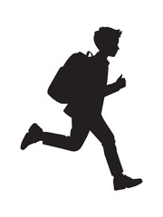 Silhouette vector of a school boy running with a backpack in profile view isolated on white