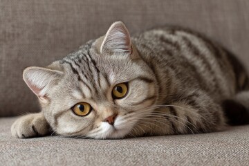 A silver tabby cat lies on a woven neutraltoned surface looking forward with golden eyes