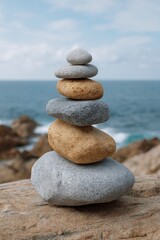 A stacked pile of smooth rocks of various sizes arranged on a larger rock set against an ocean background