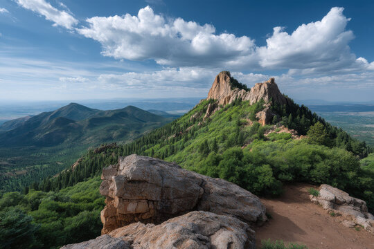 breathtaking view of sunny morning on mountain peak in colorado with ultrabright sunlight illuminating rugged - Powered by Adobe