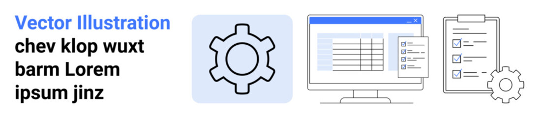Gear beside a computer screen displaying a table and clipboard with checklist. Ideal for workflow, process management, productivity, planning, organization, business tools, simple landing page