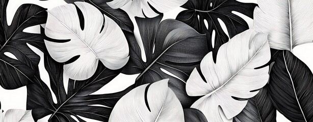 Stylized banana leaves in bold black and white create a striking organic pattern, ideal for modern design projects, textiles, and contemporary home decor themes.
