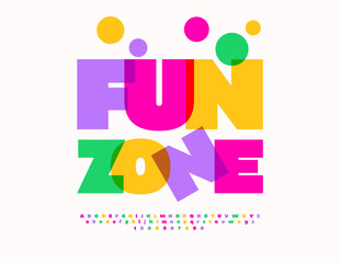 Vector Festive logo Fun Zone. Transparent Colorful Font. Bright Cool Alphabet Letters and Numbers set.