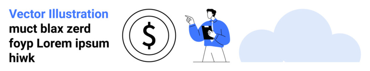 Business professional gesturing towards a dollar sign, representing finance and economy, with an abstract cloud in the background. Ideal for finance, tech, success, management, planning, analysis