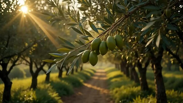 Golden Sunlight Illuminates Lush Olive Grove Rows at Dawn a Peaceful Mediterranean Landscape