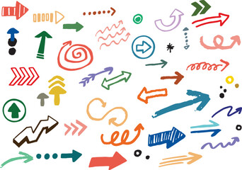 colorful hand-drawn arrows, sketchy shapes, abstract symbols, wavy lines, scribbles, spirals, zig-zags, various directional icons, doodle-style graphic elements
