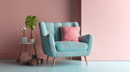 Stylish Teal Armchair in Pink Room Interior Design Concept: Pastel Colors, Modern Furniture, Cozy Atmosphere, Home Decor, Living Room, Comfortable Seating,  Relaxing Space