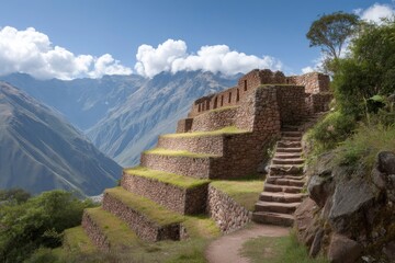 Obraz premium Ancient Inca terraces cascade down a mountain merging into a lush valley under a partly cloudy sky