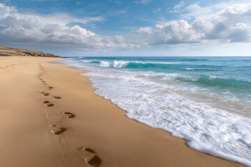 Obraz premium Beach scene with footprints in the sand leading toward the ocean under a cloudy sky