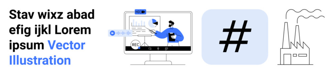Man presenting analytics on computer, metadata tag for social media, factory icon. Ideal for marketing, technology, innovation, data, social media, corporate strategy and simple landing page