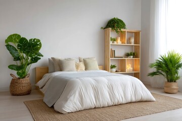 Bedroom features a made bed indoor plants in woven baskets and a light wooden bookshelf