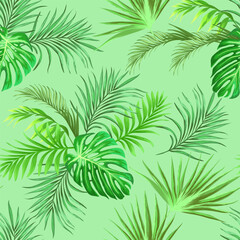 Green tropical palm leaves seamless vector pattern on the black background. Trendy summer print.	
