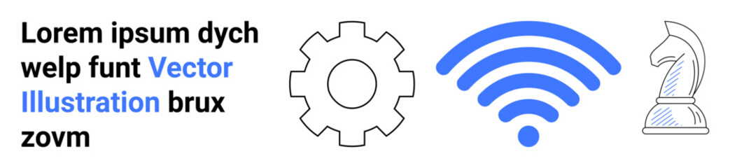 Gear, wireless symbol, and chess knight represent technology, innovation, strategy, and digital connection. Ideal for technology, strategy, decision-making connectivity digital transformation
