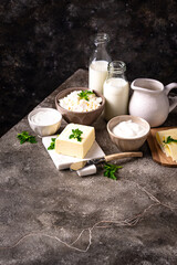 Dairy products. Milk, cottage cheese, cream, butter and yogurt