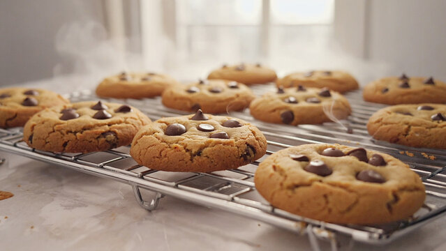 Warm Chocolate Chip Cookies Cooling on Rack: A close-up shot of freshly baked chocolate chip cookies cooling on a wire rack, emitting a gentle steam, their warm. - Powered by Adobe