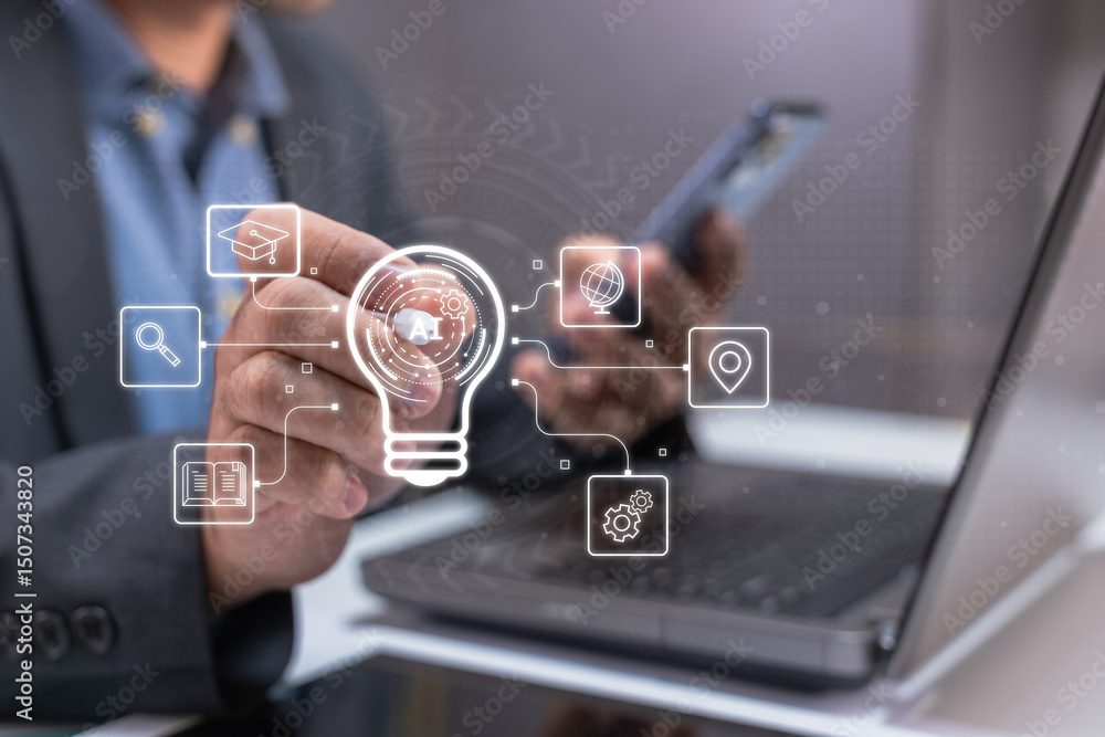 Poster a businessman interacts with virtual ai icons on a transparent screen while using a smartphone and l