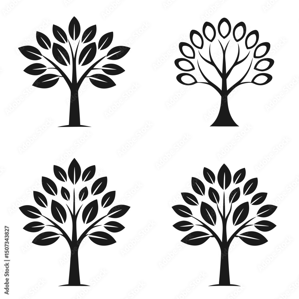 Poster silhouette tree vector set different stylized trees for landscape design elements.