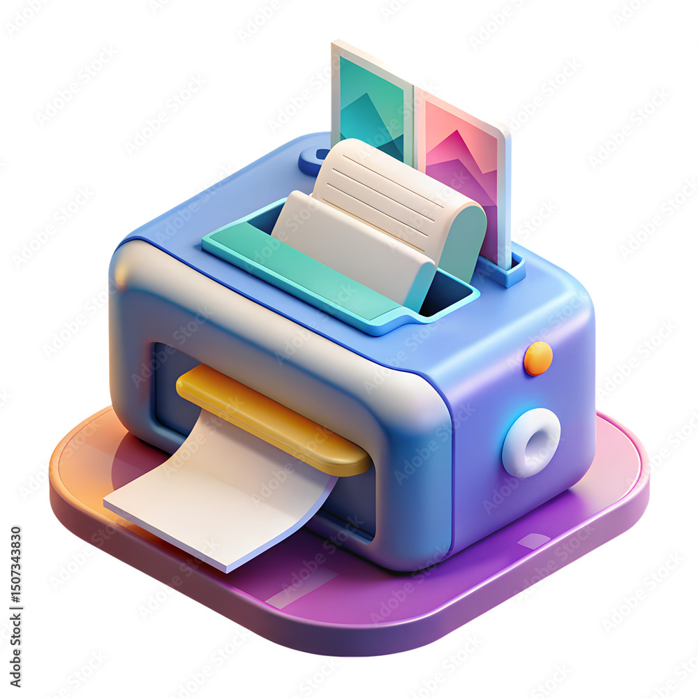 Poster modern 3d rendering of a stylish printer with documents, a vibrant icon design for tech and business