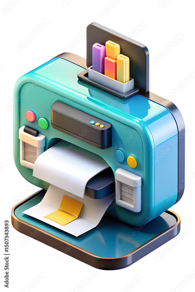 Aufkleber playful 3d rendering of a modern printer demonstrating print technology and colorful ink cartridges 