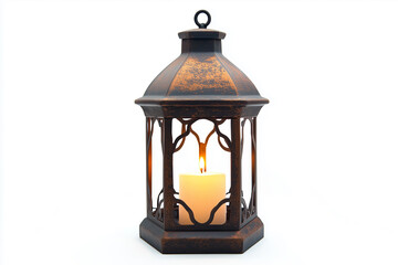 Rustic iron lantern with candle light isolated on white background