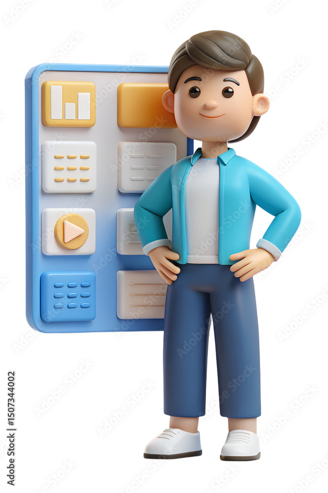 Poster a cheerful male 3d character and a mobile phone interface with various icons representing modern app