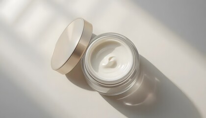 Photorealistic macro of an open face cream jar, smooth white texture inside, minimal clean background, elegant shadows
