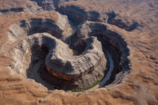 Elevated view of a river bend entrenched in a canyon