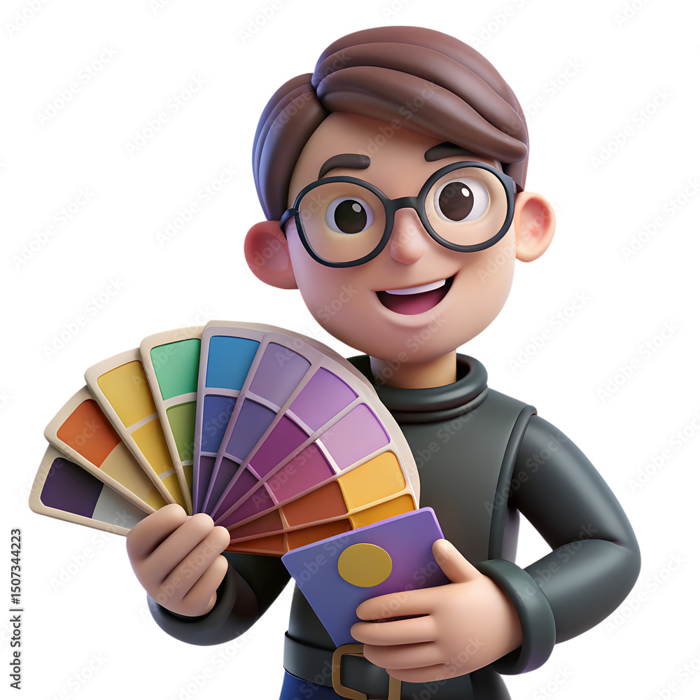 Poster cheerful 3d rendered cartoon character holding a color palette fan and color picker against transpar