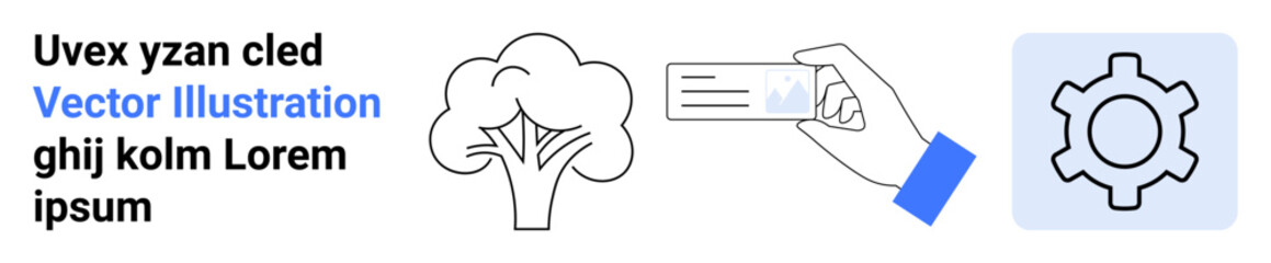 Tree sketch, hand holding an ID card, and gear icon signaling nature, identity, and innovation. Ideal for sustainability concepts, identity services, tech integration, automation and a simple