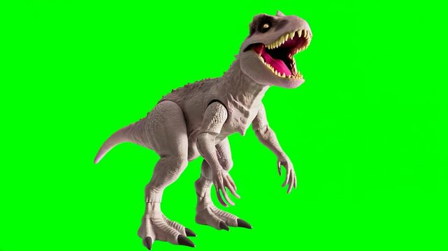 Indominus Rex toy dinosaur roaring and walking, isolated on a green screen background, chroma key.