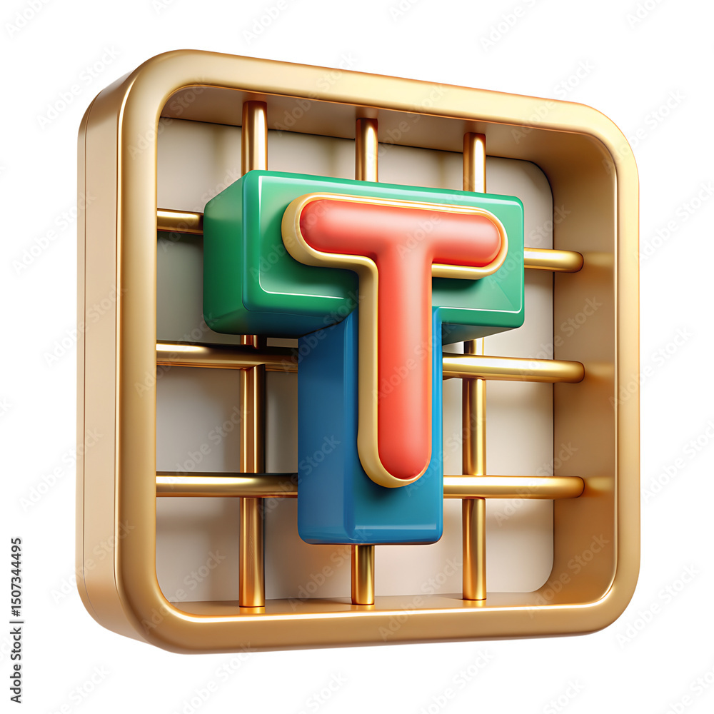 Poster a colorful and stylish 3d rendering icon featuring the letter t inside a gold frame on a transparent
