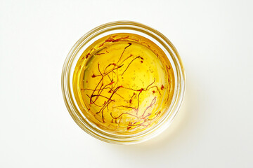 saffron threads in a small glass dish top down view